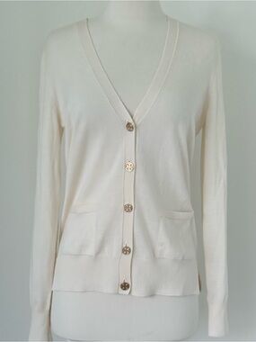 Tory Burch MADELINE Ivory Cardigan Gold Logo Buttons Front  Pockets Size S